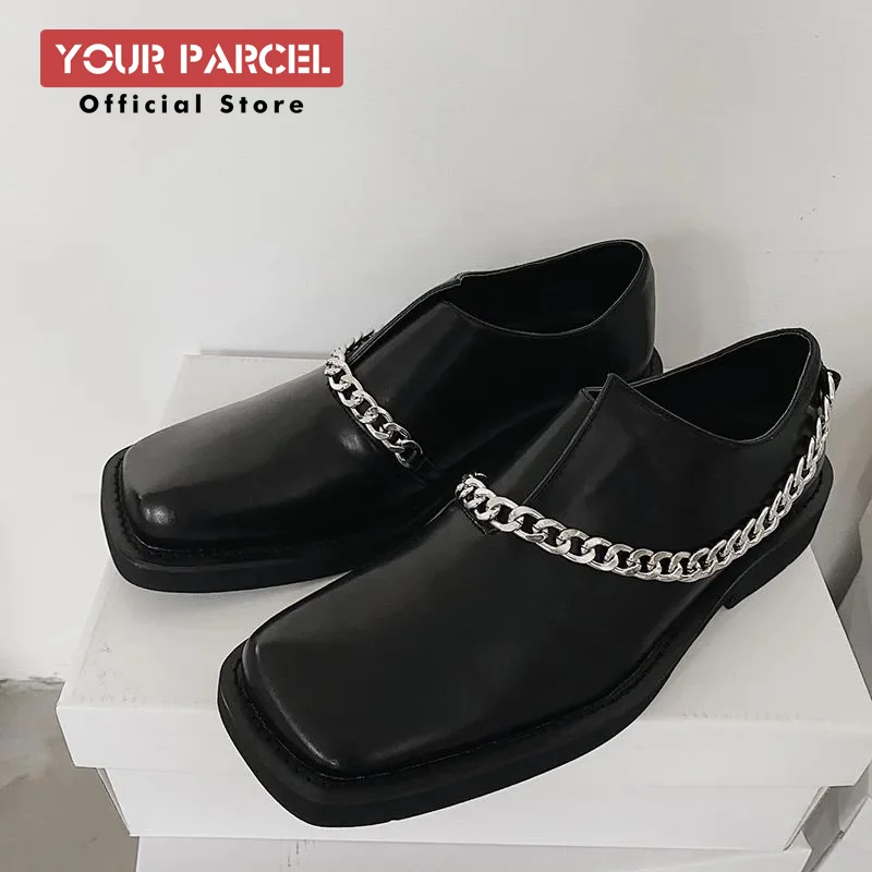 Retro square toe leather shoes for men, British casual metal chain design, matte, niche Korean version of Lefu shoes