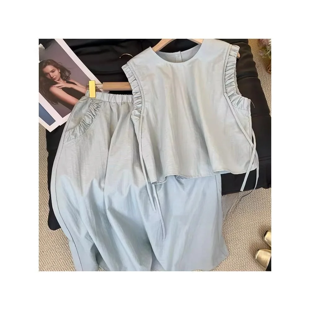 

Blue Cotton Linen Set Women's Summer 2026 Casual Belted Wooden Linen Vest Halter Skirt Two-Piece Set Fashionable Ensemble