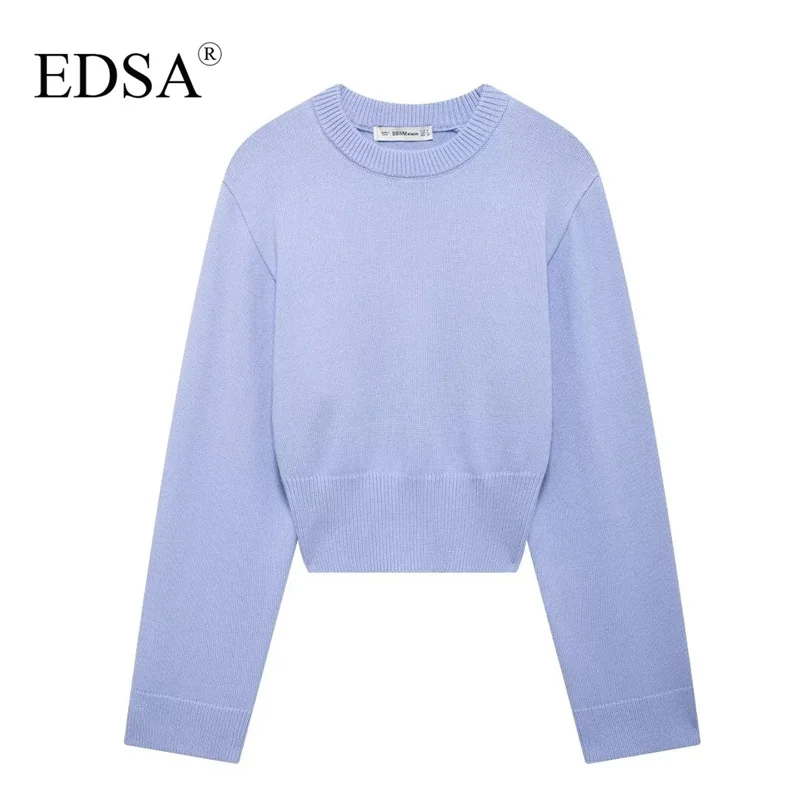 EDSA Women Solid Cropped Knitted Sweater Pullovers Vintage O-Neck Long Sleeves Female Chic Lady Tops