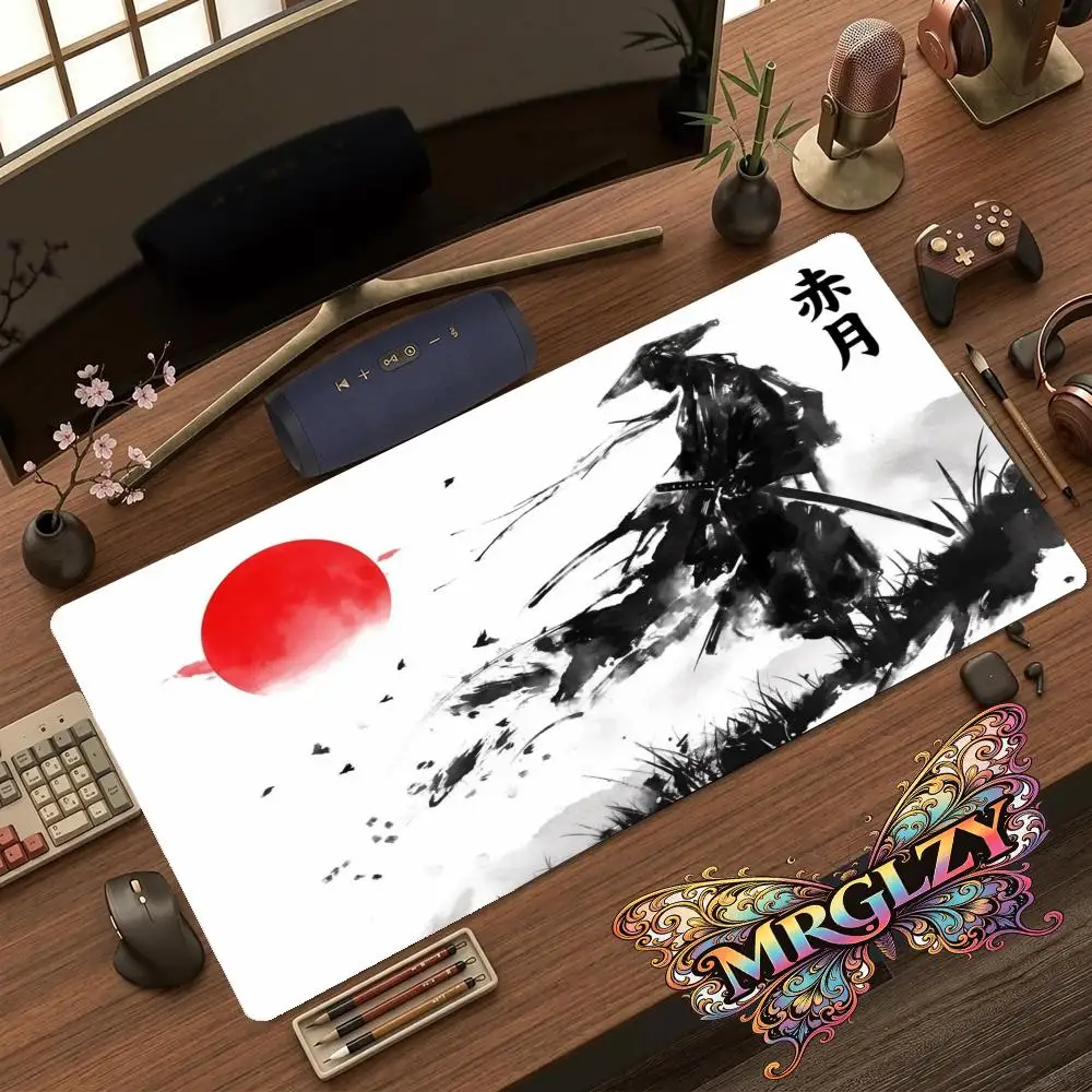 Vivid Red Round Sun Lone Samurai Silhouette Oriental Ink For Laptop Office Desktop Decor Mousepad