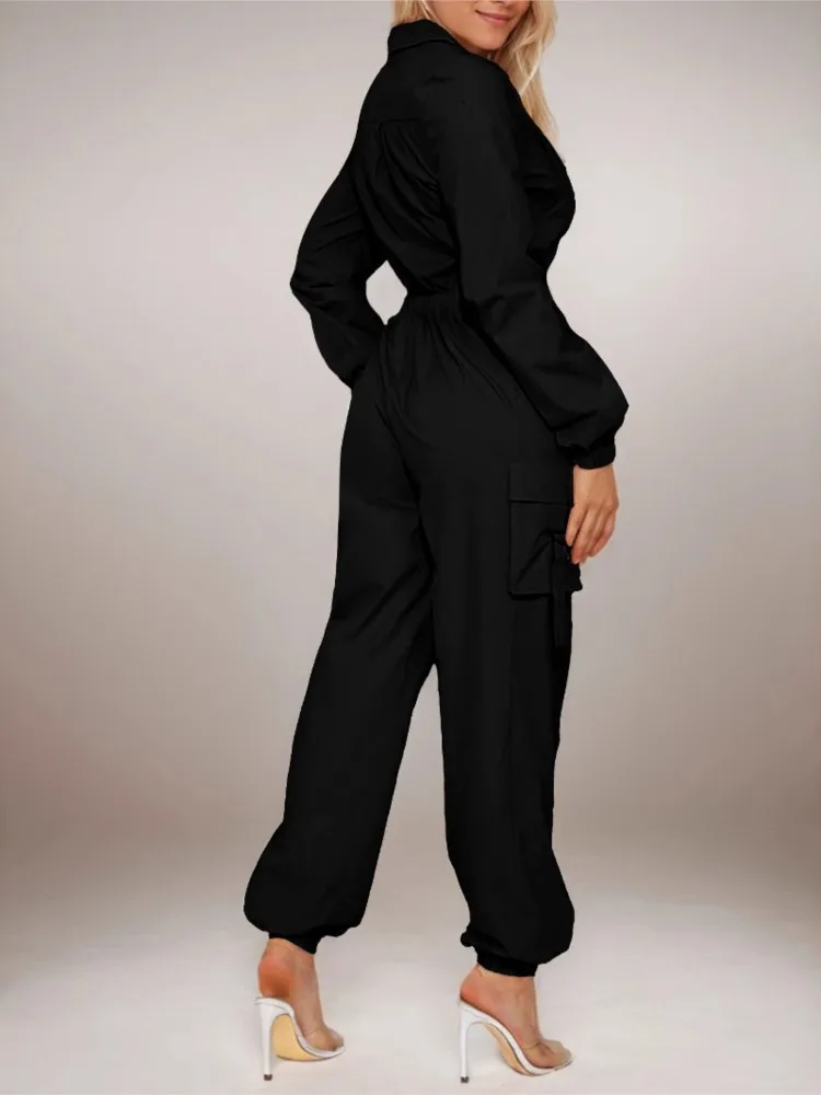 Work Jumpsuit Women\'s Pocket Elastic Waist Zipper Jumpsuit New Style Autumn Fashion Elegant Casual Long Sleeve Jumpsuits