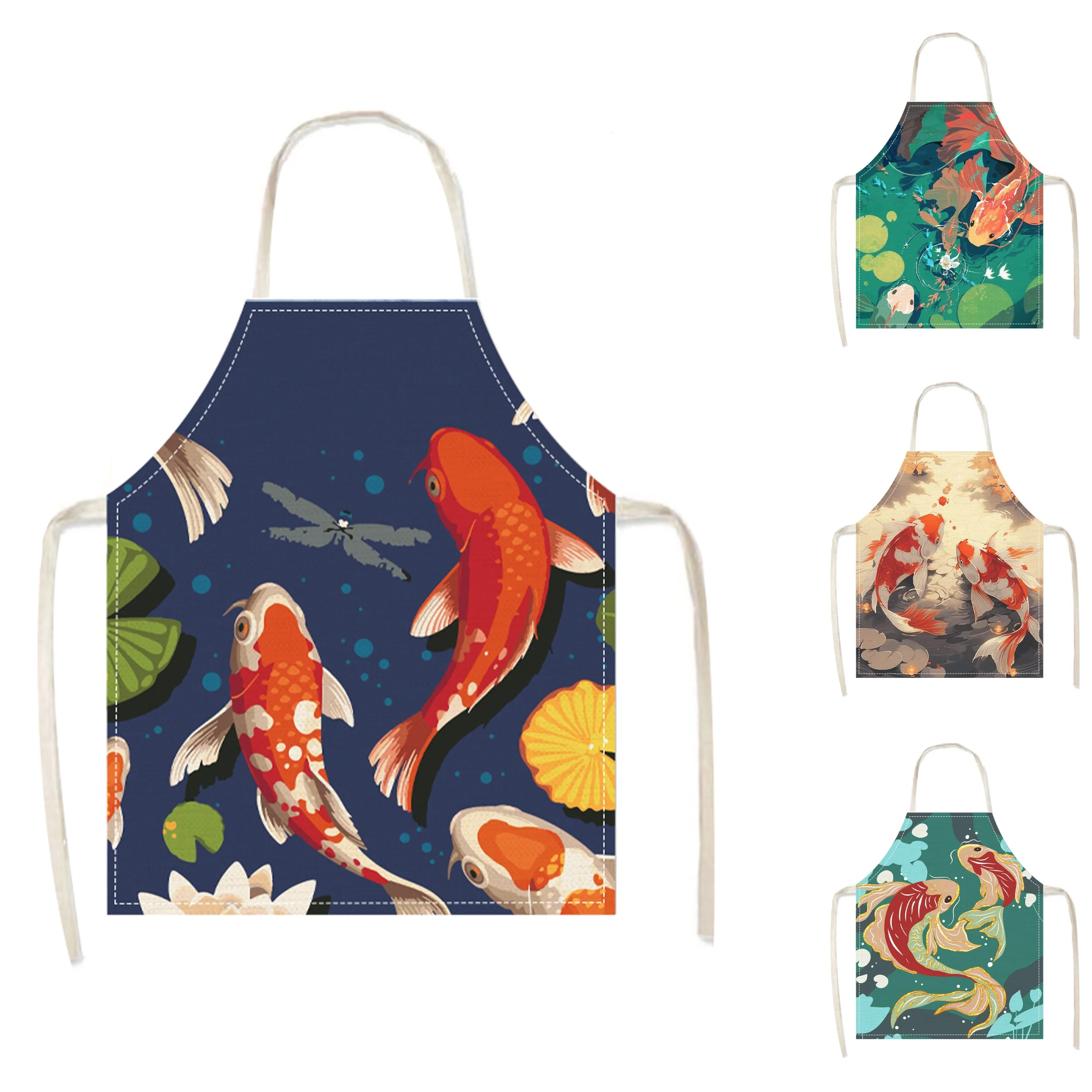 

Фартук с изображением рыбок кои, льняной, в японском стиле, для кухни, готовки и выпечки, для взрослых, подарок для шеф-повара, для мужчин и женщин, с восточным художественным дизайном, 1 шт.