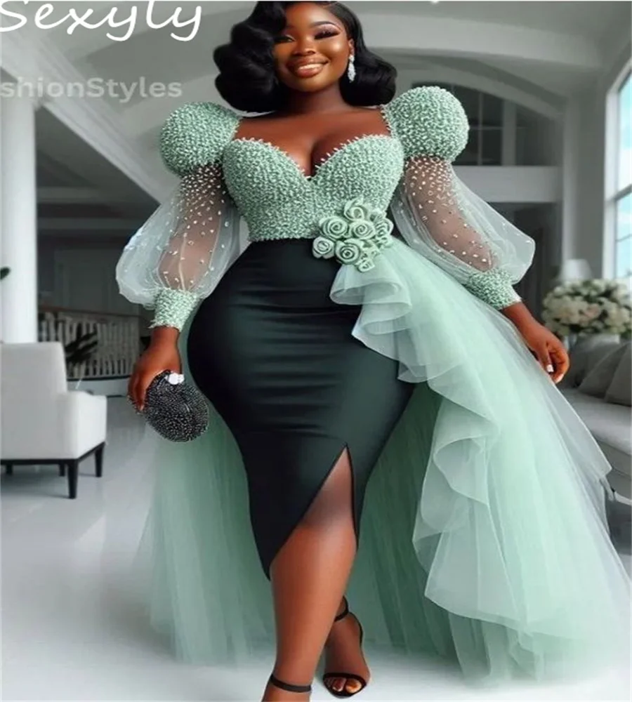 Sage Green Prom Dress With Overskirt  Luxury Beaded Long Sleeve Midi Black Girl Aso Ebi Evening Floral Slit Cocktail Customized