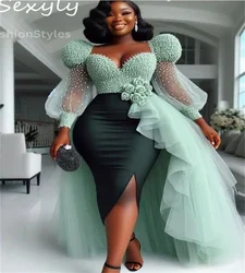 Elegant Sage Green Prom Dress 2026 With Overskirt Puff Sleeve 3D Florals Aso Ebi Evening Gowns Mermaid Short Club Cocktail Party