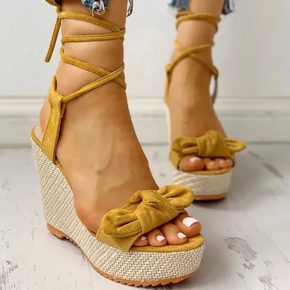 

Womens Bow Knot Platform Wedge Sandals Stylish Peep Toe Ankle Straps Lightweight Espadrille Comfort Heels Sandalias para mujeres