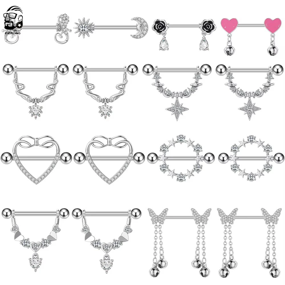 2pcs Titanium U-shaped Dangle Nipple Piercings Barbell Stainless Steel Crystal Nipple Shield Cover Butterfly Heart Nipple Rings