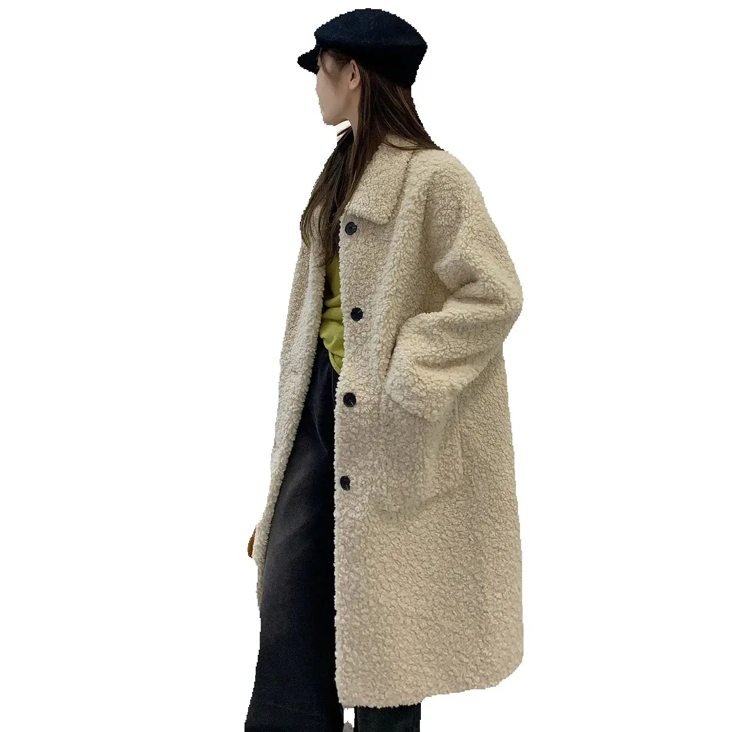 Winter long fur one-piece lambskin coat for women, black slimming fur coat, lambskin eco-friendly fur