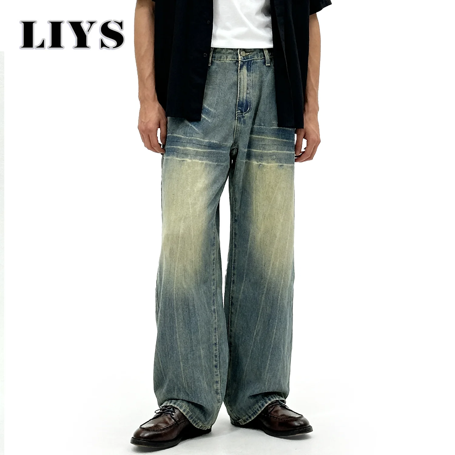 Amerikaanse retro blauwe losse jeans voor heren, Koreaanse straattrend, supercoole denimbroek, unisex, dagelijks, casual, wijde jeans met rechte pijpen