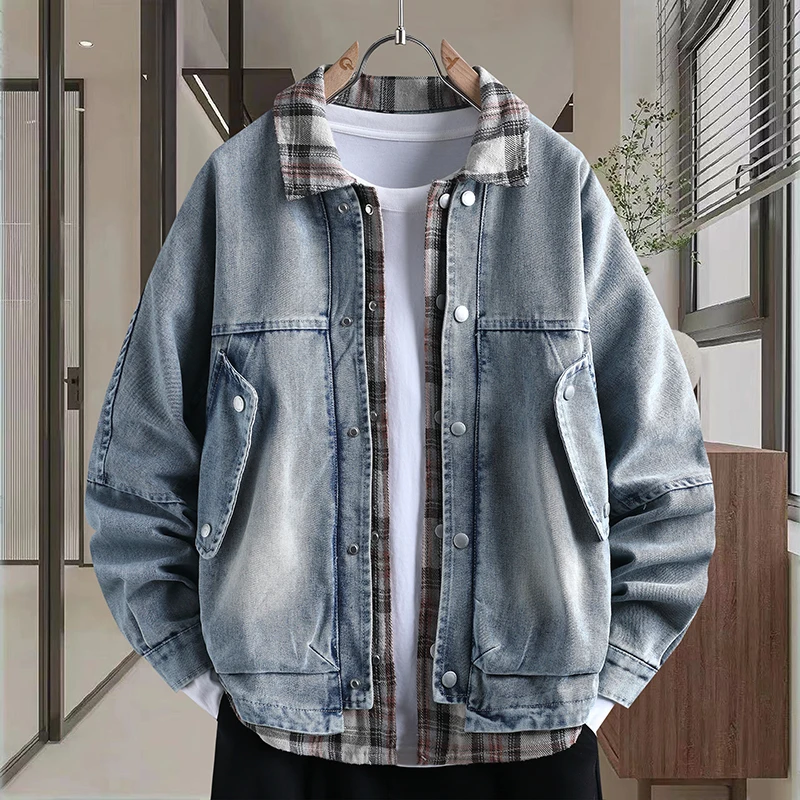 

Свободная повседневная джинсовая куртка в клетку с пэчворком, весна-осень, с отложным воротником, имитация двухслойности, ретро-стиль, модный бренд Tagkita