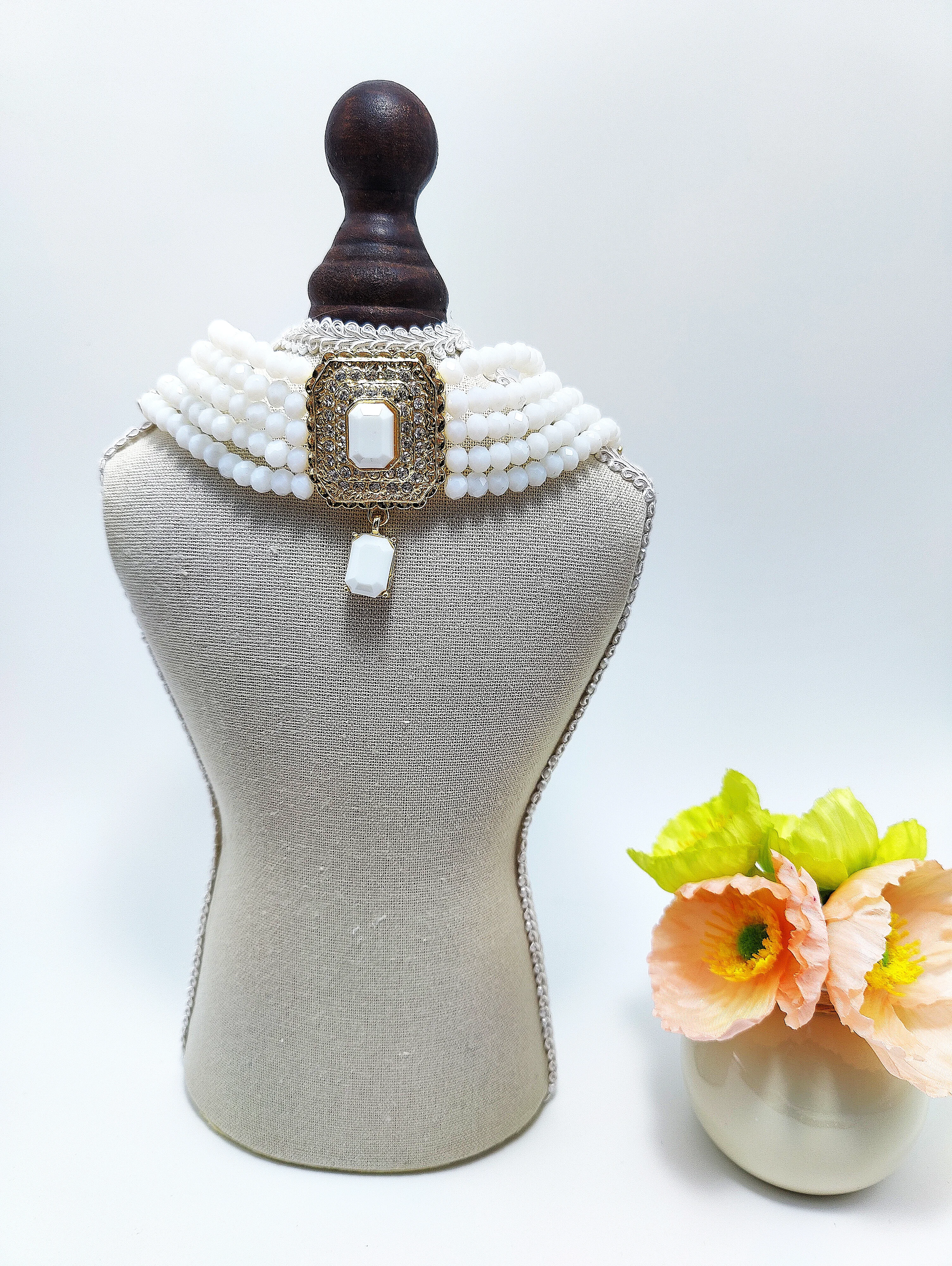 Retro-gorgeous Square Rhinestone Pendant Pure Hand-beaded Necklace Arabian Bride Hair Jewelry