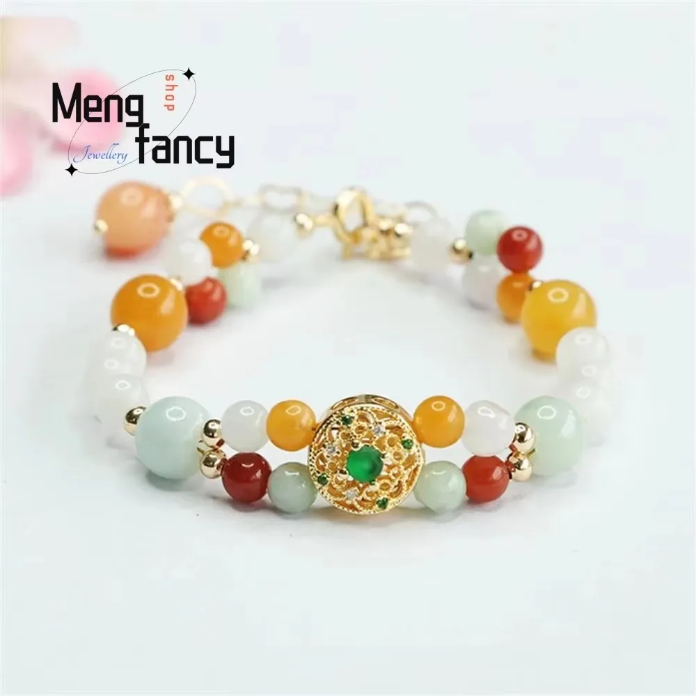 Natural Myanmar A-goods Jadeite Colourful Jade String Ethnic Style Bracelet Exquisite Elegant High-grade Luxury Quality Jewelry