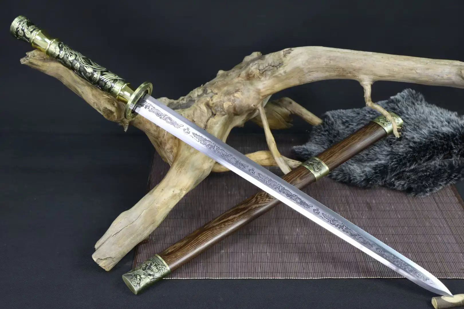 Espada de Batalla Fénix Chino, Espada de Acero Auténtico, Katana para Preparación de Batalla, Espada de Espiga Completa con Funda de Madera de Palisandro, para Caballero y Ninja, No Afilada