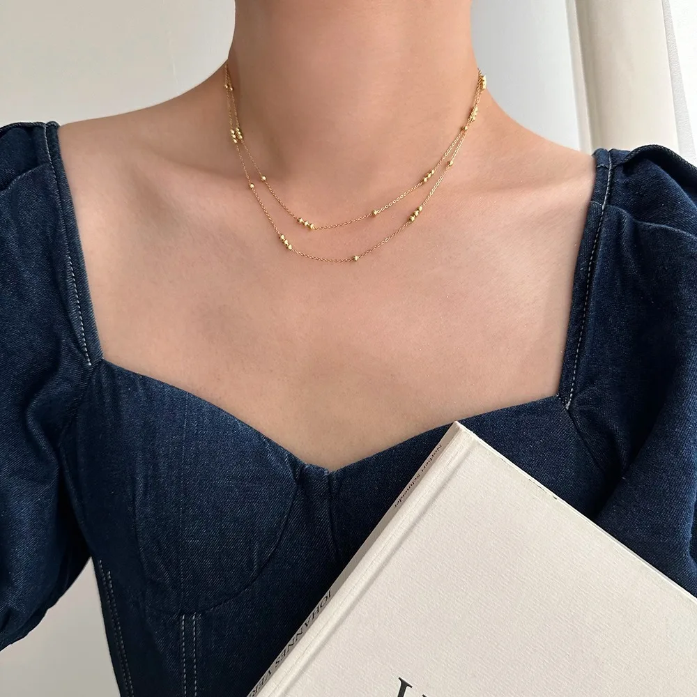 New Non-fading Stainless Steel Double Layer Gold Color Tiny Ball Beaded Necklace for Women Stacked Clavicle Chain Casual Jewelry