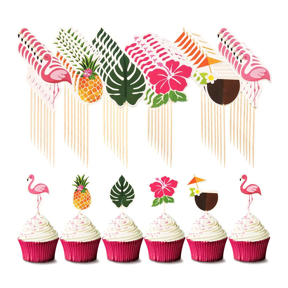

24pcs Summer Hawaiian Toothpicks Flamingo Palm Leaves Cake Topper Pineapple Paper Cupcake Toppers Party Supply