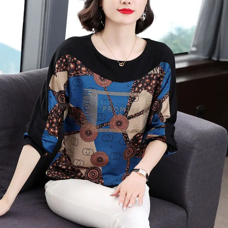 Spring Autumn Female Fashion Loose Patchwork Printing T-shirt Women\'s Clothing All-match Vintage Long Sleeve Round Neck Tops