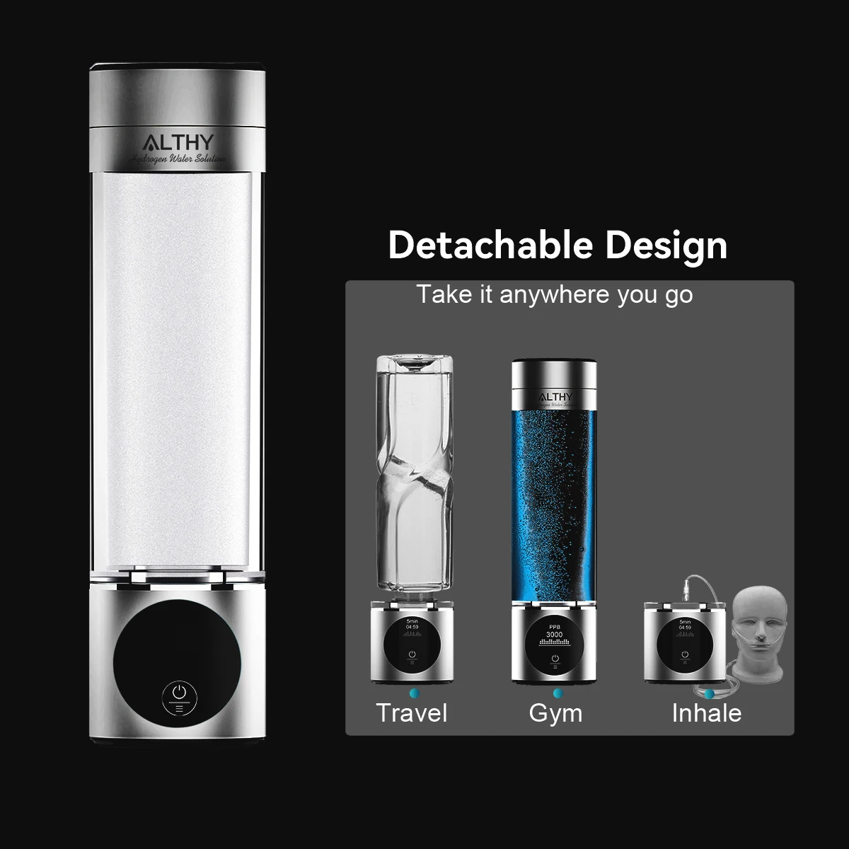 ALTHY Performance Hydrogen Water Generator Bottle DuPont SPE+PEM Dual Chamber + PPB&Time&Battery Display + H2 Inhalation Device