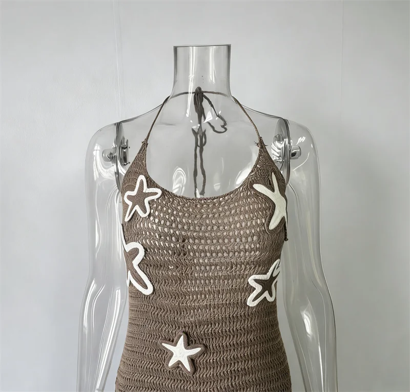 Women's Halter Backless Lace-Up Long Bandage Dress Knitted Bikini Cover-Up Summer Crochet Swimwear Robe Sexy Beach Bathing Suit view 3