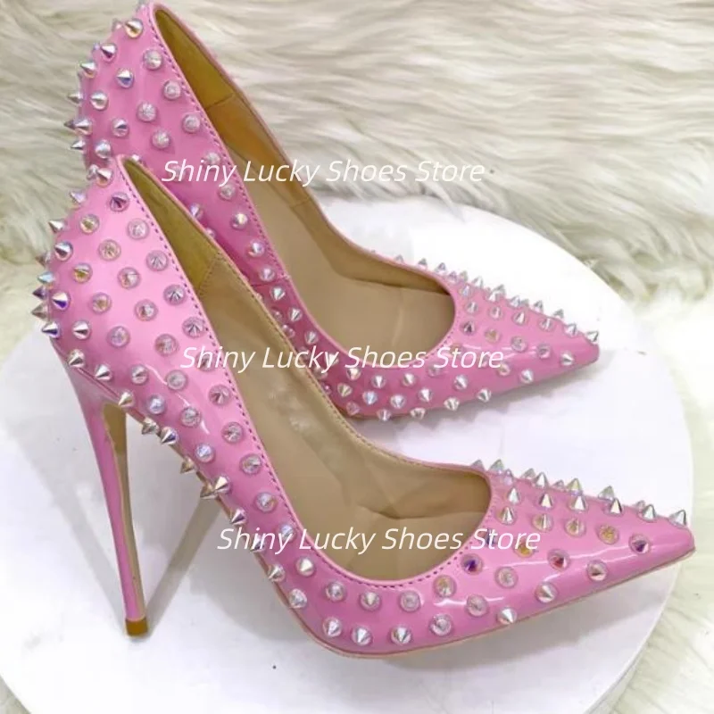 

Rivets Shoes for Ladies Pointed Toes High Heels Patent Leather Female Pumps Shallow Tacones Studs Chassure Femme Solid Zapatos