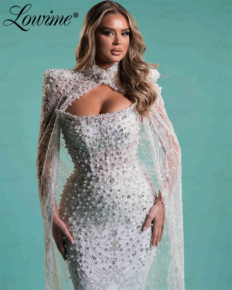 Aso Ebi Crystals Pearl White Evening Dress With Cape Sleeve Full Beading Party Dresses For Wedding Arabic Second Reception Dress