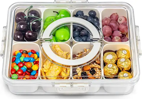 Air-Tight Snackle Box Container –Divided Serving Tray with Lid & Handle–Clear Snack box for Fruits, Candy & Nuts–Portable for Travel & Daily Use (8 Inside Containers Dishwasher Safe)