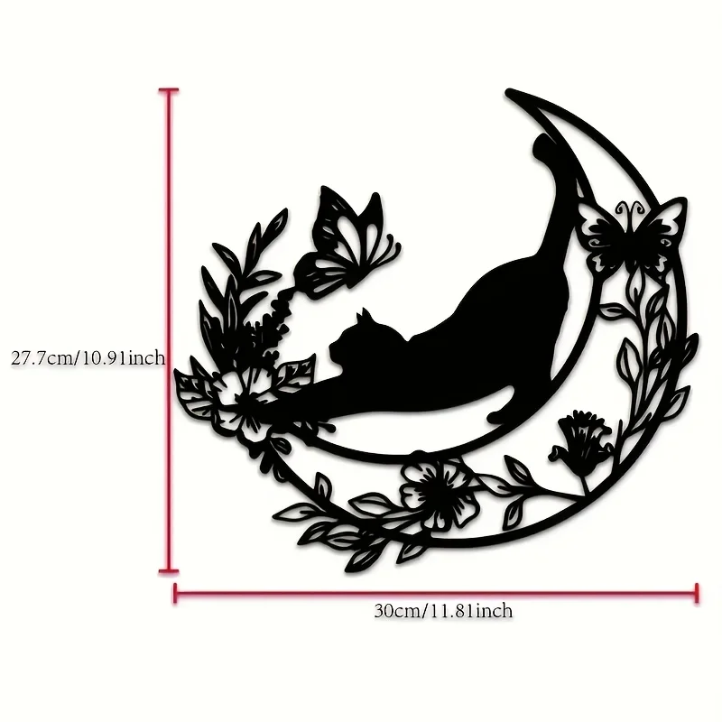 New Moon Black Cat Metal Wall Decor - Elegant and Minimalist Gothic Style Home Decor, Durable Iron Construction, 30.0cm Hanging Paintings Suitable for Living Room, Bedroom, Office - Perfect Halloween Gift for Cat Lovers, Quirky Design, Fine Craftsmanship, 2D Flat Surface