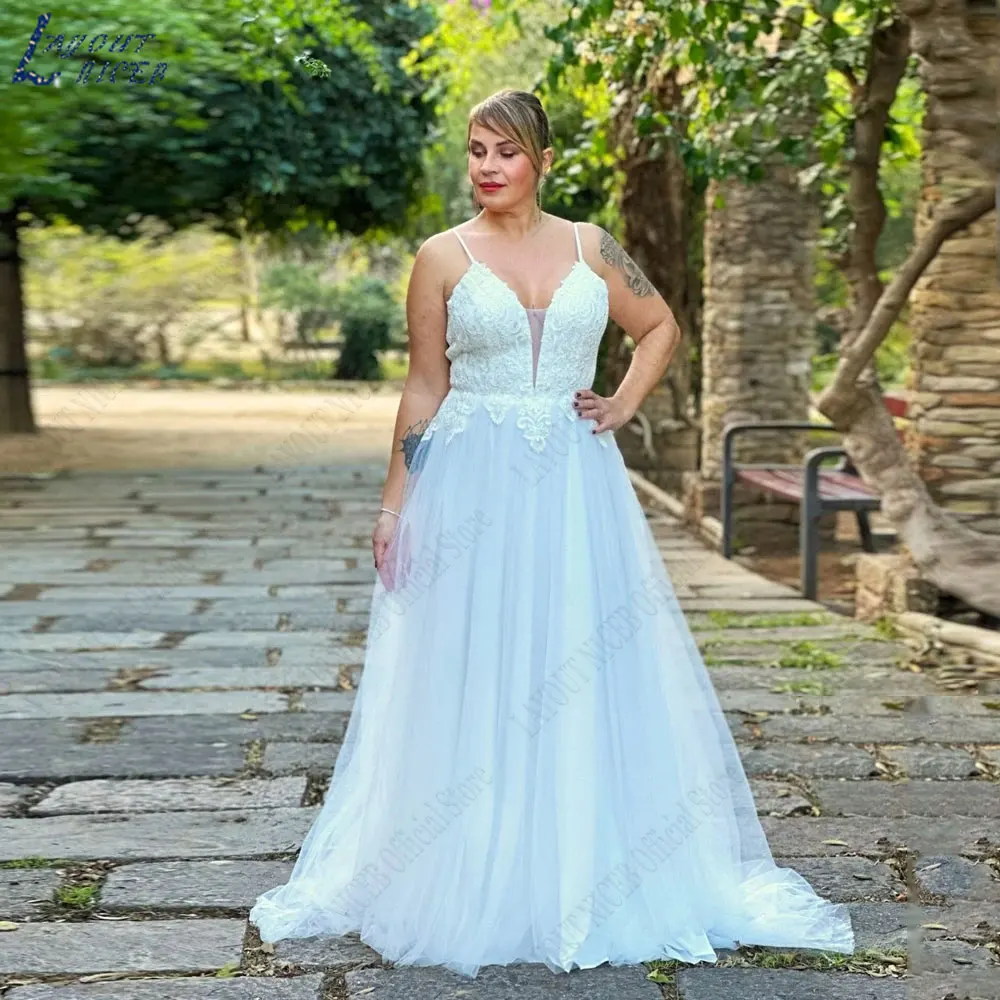 LAYOUT NICEB Appliques di pizzo Plus Size abito da sposa senza maniche Backless abito da sposa senza spalline a-line Tulle Vestidos 2024LAYOUT NICEB Appliques di pizzo Plus Size abito da sposa senza maniche Backless ab