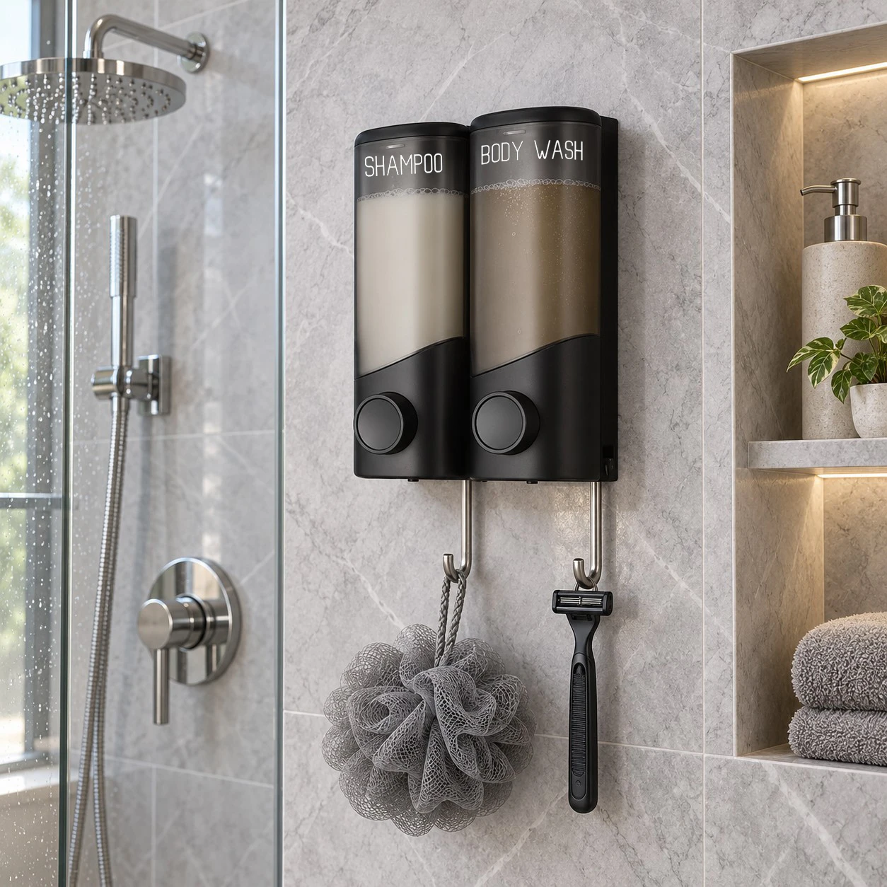 Wall Mounted Dual Soap Dispenser with Hooks and Lock, Refillable Adhesive Shampoo and Body Wash Holder for Hotel Spa Shower