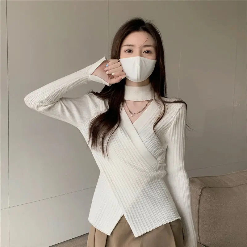 Sexy Hollow Out Slim Knitting Pullovers Tops Autumn Winter New Long Sleeve Solid Irregular Sweaters Y2K Fashion Women Clothing