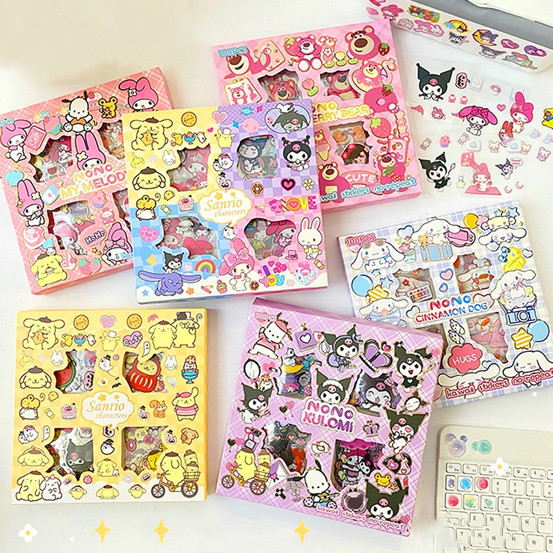 100pcs PET Sticker Cartoon Sanrio Family Series Stickers Kuromi HelloKitty Sticker No Repetition DIY Toy Stickers