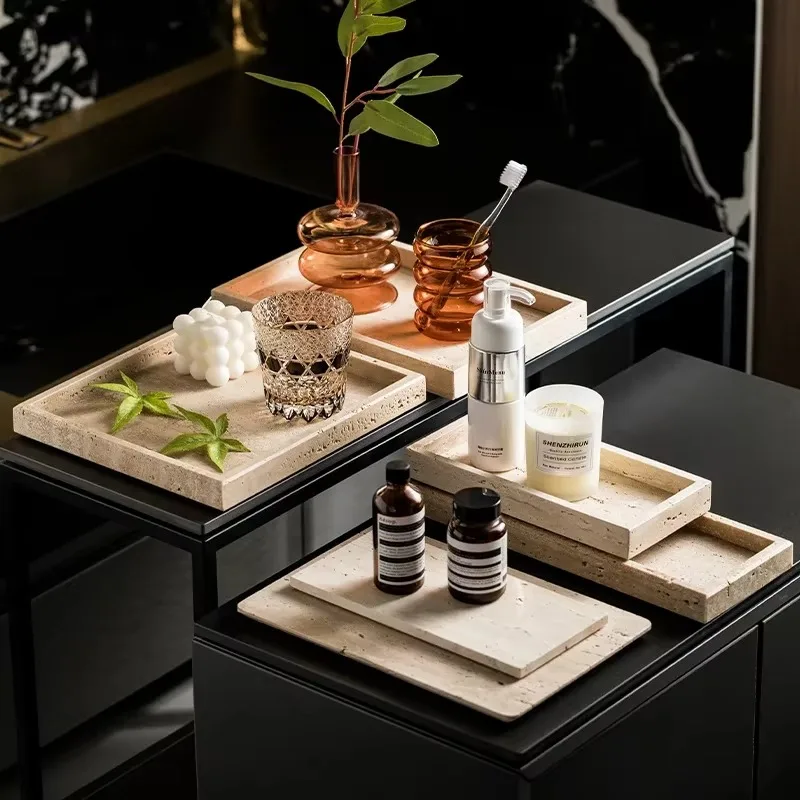 

Natural Travertine Marble Vanity Tray for Cosmetic Perfume Bathroom Soap Dispenser Kitchen Sink Dish Soap Sponge Storage