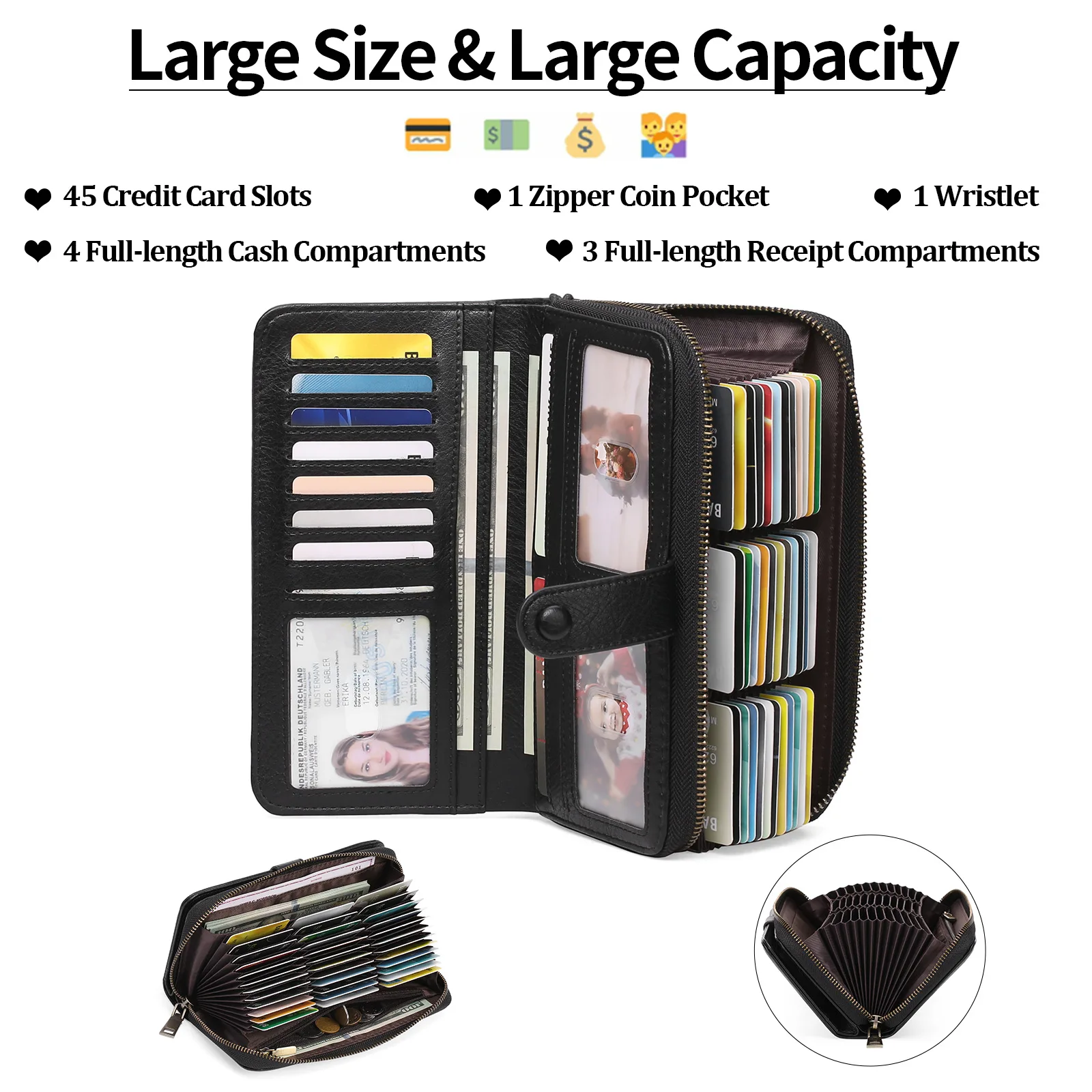 Women's Long Accordion Wallet  Passport Case Handbag RFID Anti-theft Multi-Function Card Holder with 45 Card Slots