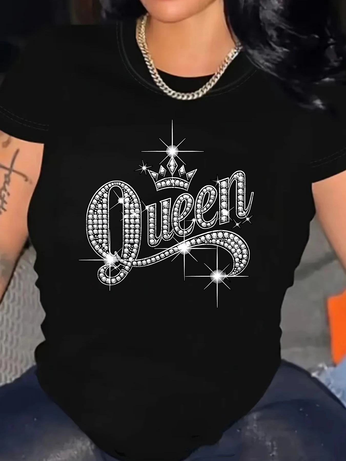 

English letters Plus size women's round neck short sleeve T-shirt with elastic half sleeves and trendy prints