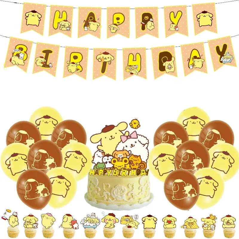 Sanrio Party Pompom Purin Balloon Birthday Decoration Supplies Birthday Banners Flag Pulling Cake Flag Party Planting Gifts