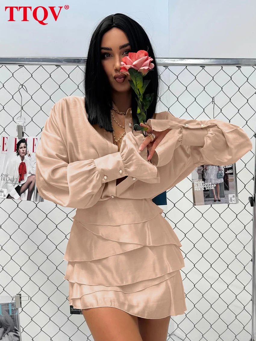 

TTQV Fashion Loose Pink Skirt Set Woman 2 Pieces 2026 Elegant Long Sleeve Shirt With High Waist Pleated Mini Skirt Set Female