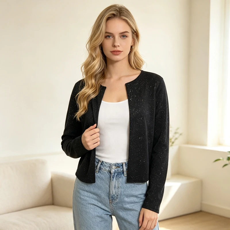 2026 Vintage Sparkly Sequin Elegant Cardigan Long Sleeve Open Front Jacket Autumn Winter Fashion Outerwear Office Lady Tops