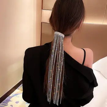 여성용 풀 라인스톤 헤어핀, 긴 술 크리스탈 헤어 액세서리, 반짝이는 헤어 바레트, 웨딩 파티 연회 헤어 쥬얼리
