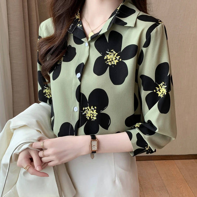 Women Spring Fashion Office Lady Loose Floral Polo-Neck Long Sleeve Shirts Women Clothes Casual All-match Appear Thin Trend Tops