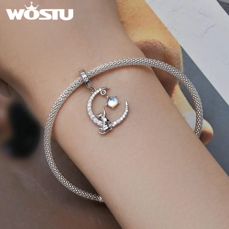 WOSTU 925 Sterling Silver uroczy kot zawieszka koraliki księżyc kamień księżycowy pasujące do oryginalna bransoletka naszyjnik biżuteria DIY prezent