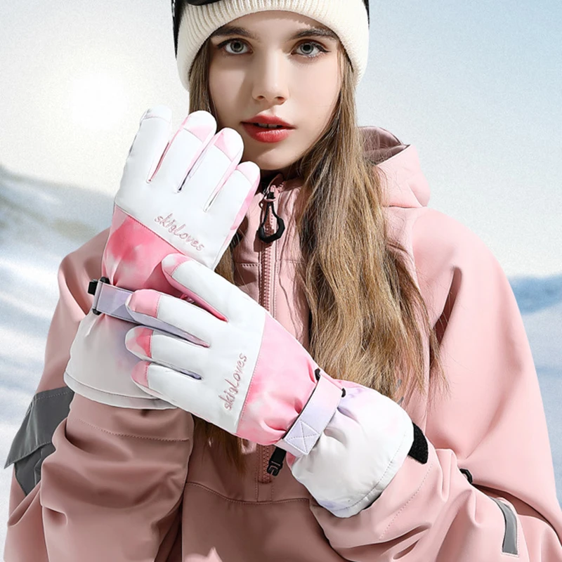 Pink Printing Women Ski Gloves Fleece Warm Thermal Gloves Touch Screen Non-slip Windproof Waterproof Snowboarding Winter Gloves