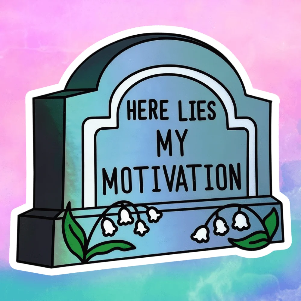 5 autocollants bleus « Here Lies My Motivation » avec une touche d'humour décalé, à la fois tristes et amusants