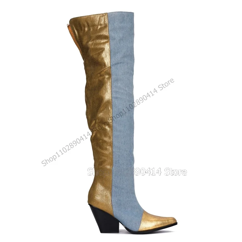 Blue Denim Gold Giltter Patchwork Pointed Toe Boots Slip On Women Shoes Chunky High Heels Fashion Party 2023 Zapatos Para Mujere