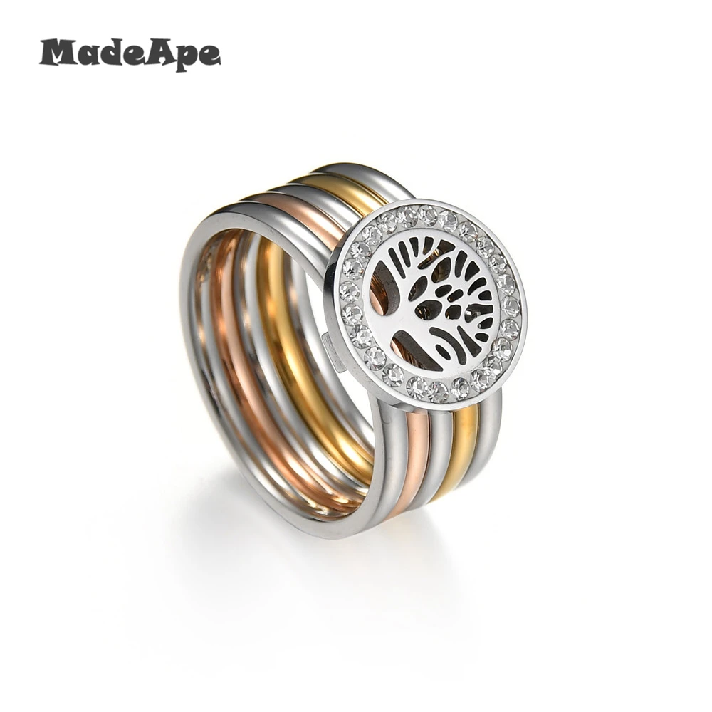 MadApe Classic Tree Of Life Rings 316L Stainless Steel Rings Women Zirocn Rings For Women Men Birthday Gift