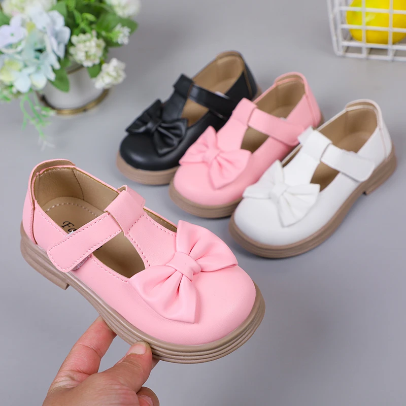 2023 Children\'s Fashion Solid Color Girls Leather Shoes Spring and Summer Bow PU Round Head Versatile Anti Slip Kids Loafers New