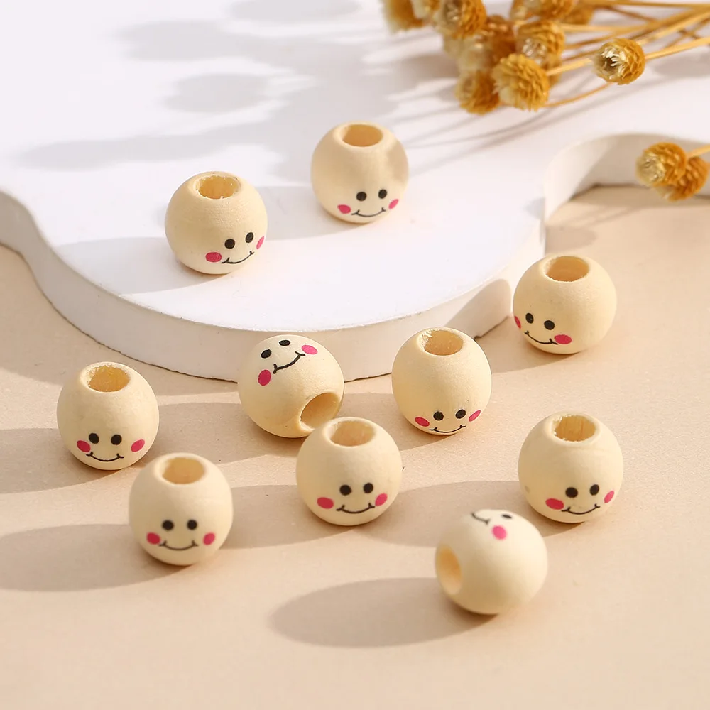 50pcs DIY Natural Wooden Beads 12mm Decor Halloween Garland Bulk Smile Child Jewlery