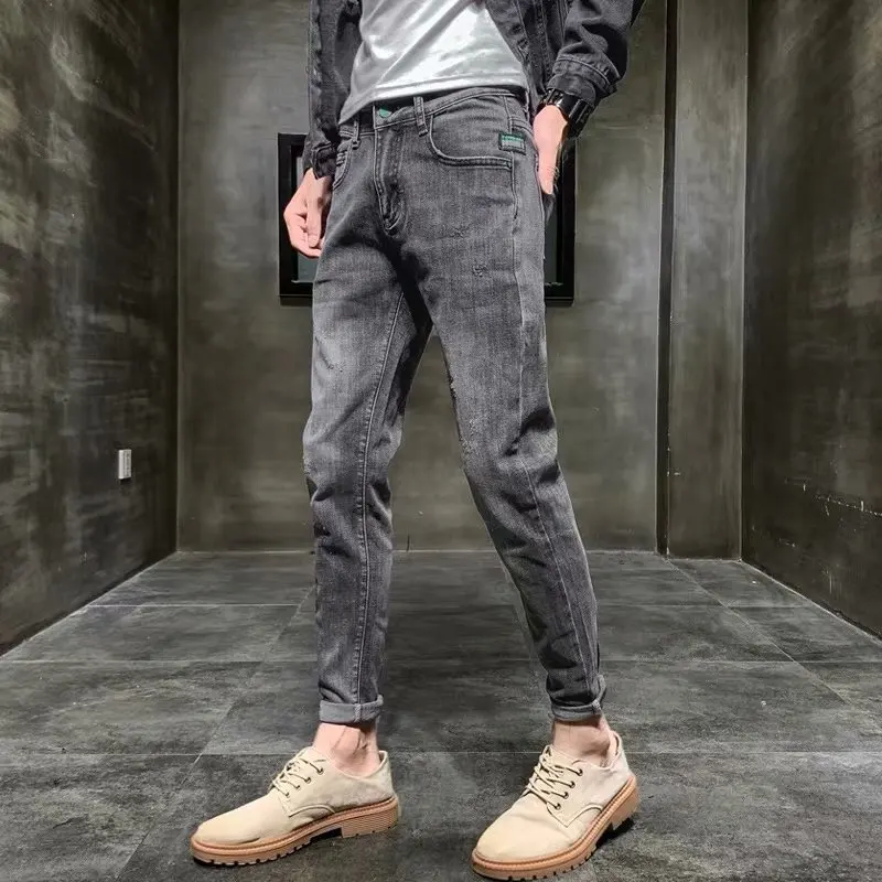 

Autumn Winter 2022 New Fashion Korean Gray Denim Trousers Men's Slim Elastic Casual Korean Skinny Pants Men Jeans for Men