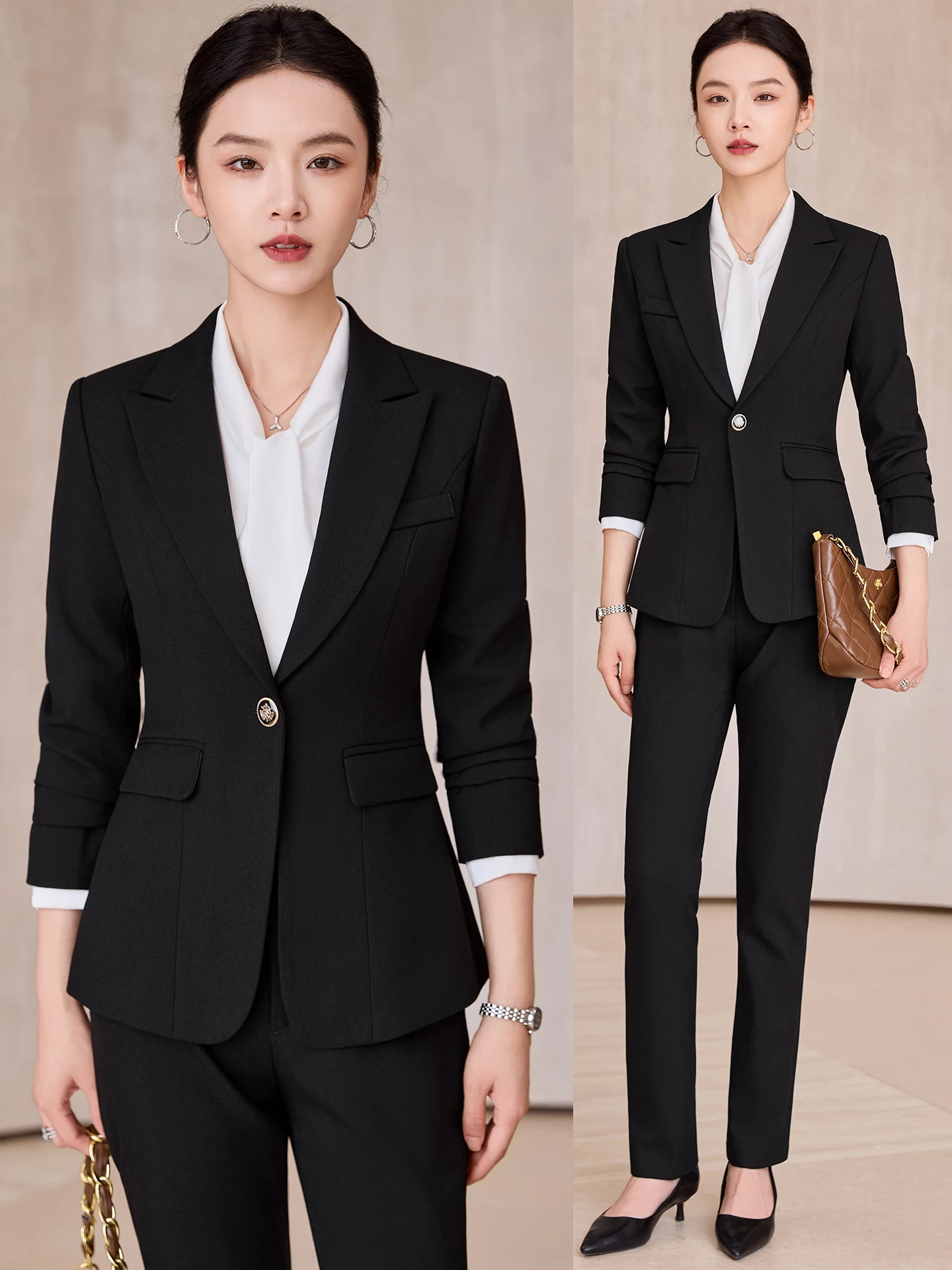 

Women's Career Suit Set Interview Commute Professional Outfit Spring Autumn High-End Elegant Goddess Style Button Detail