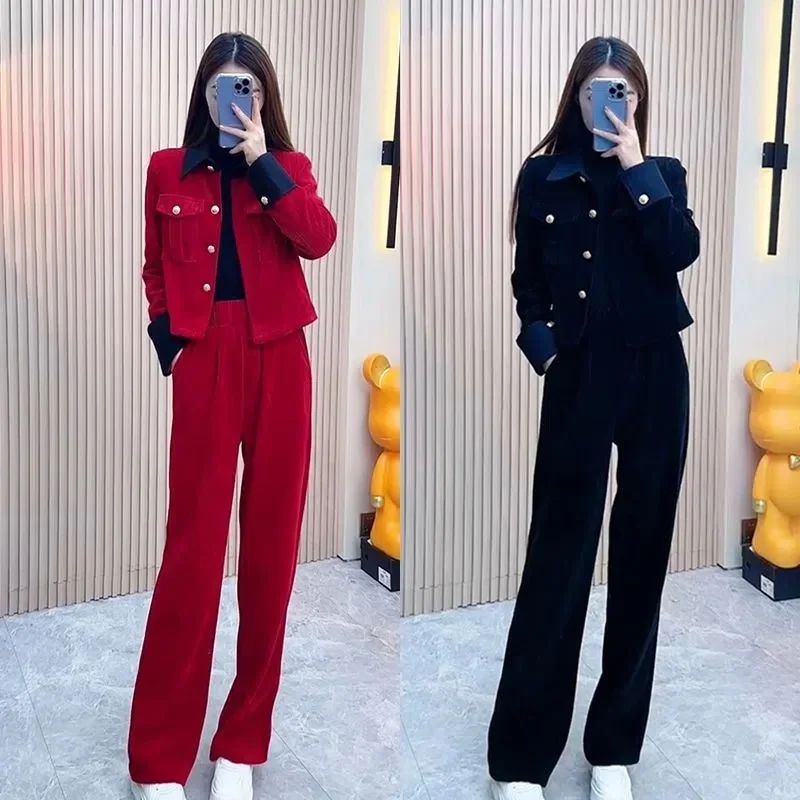 Fashion Suit Women\'s Autumn And Winter High-End Spliced Corduroy Short Coat Wide-Leg Pants Two-Piece Suit 2023 Spring Sets Femal