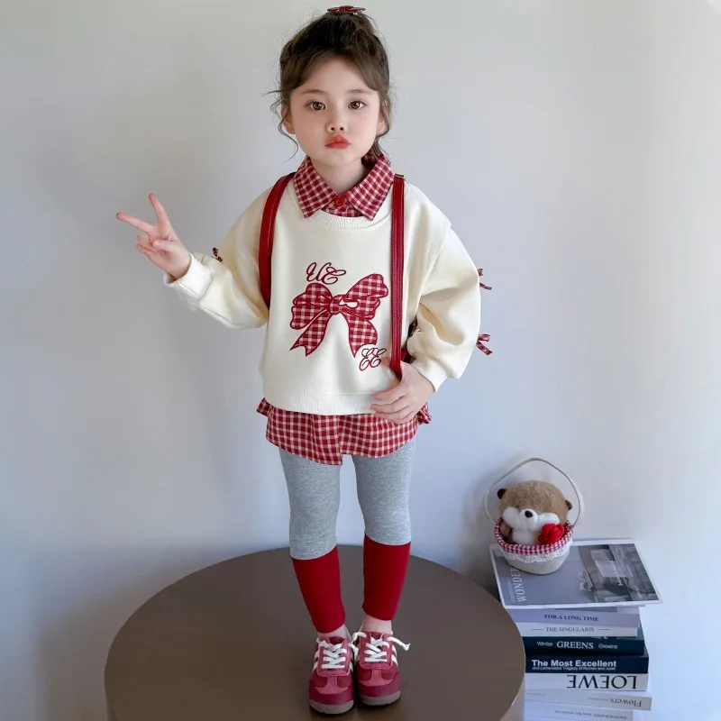 

Girls' Embroidered Checkered Bow Set Children's Korean Fashion Little Girl Checkered Hoodie Leggings Two-piece Set