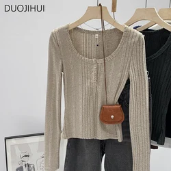 DUOJIHUI stile americano Vintage Sexy bottone o-collo pullover femminili in tinta unita moda semplice Casual semplice pullover donna