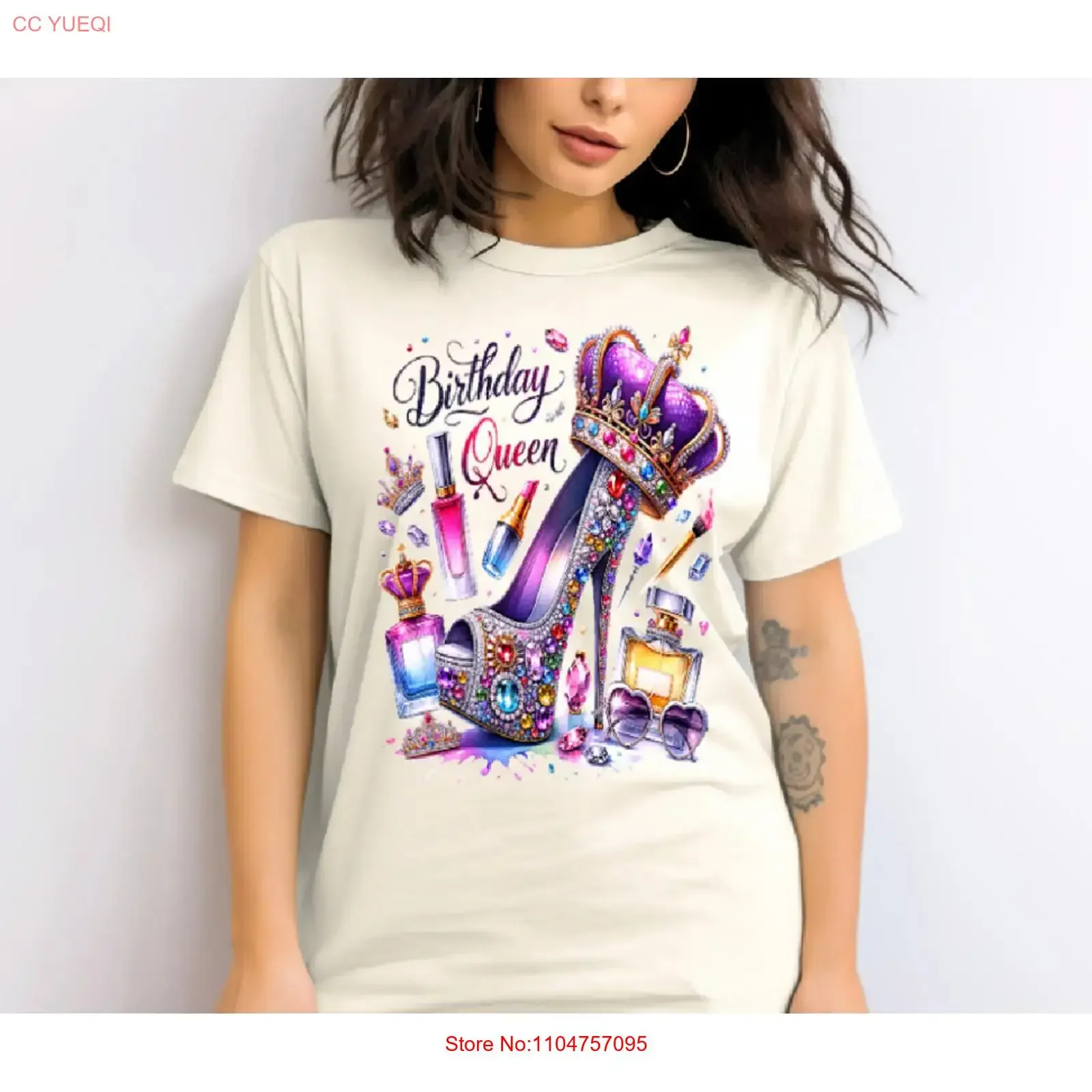 T Shirt Birthday Glitter Queen High Heel Party  vintage Washed Stylish Unisex Slightly designer clothes fashion Versatile